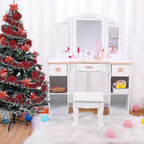 Toeletta per bambini con specchio e cassetto - Tavolo e sedia da toeletta per bambine con set da trucco in legno, perfetta per 3-9 anni, bianco