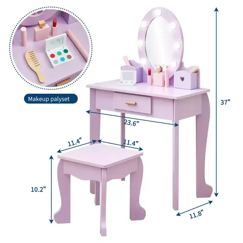 Toeletta per Bambine con Specchio e Sgabello, Toeletta per Ragazze con Luce Touch e Set da Trucco in Legno, Tavolino da Principessa per Bambini Piccoli