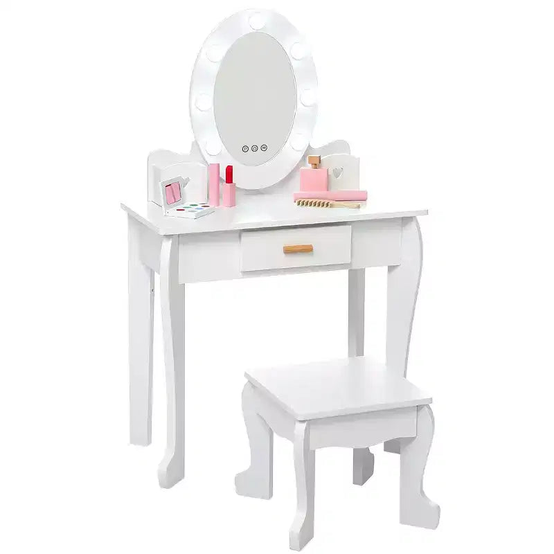 Toeletta per Bambine con Specchio e Sgabello, Toeletta per Ragazze con Luce Touch e Set da Trucco in Legno, Tavolino da Principessa per Bambini Piccoli