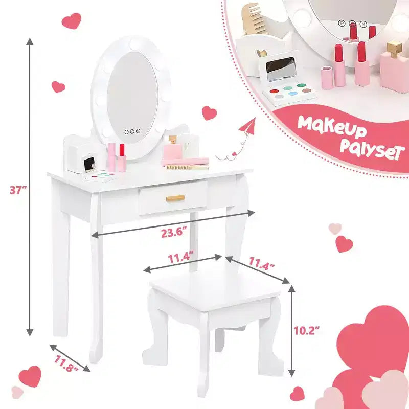 Toeletta per Bambine con Specchio e Sgabello, Toeletta per Ragazze con Luce Touch e Set da Trucco in Legno, Tavolino da Principessa per Bambini Piccoli