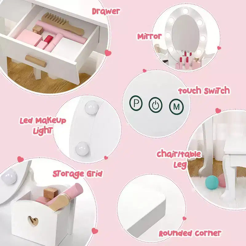 Toeletta per Bambine con Specchio e Sgabello, Toeletta per Ragazze con Luce Touch e Set da Trucco in Legno, Tavolino da Principessa per Bambini Piccoli