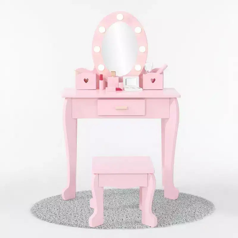 Toeletta per Bambine con Specchio e Sgabello, Toeletta per Ragazze con Luce Touch e Set da Trucco in Legno, Tavolino da Principessa per Bambini Piccoli