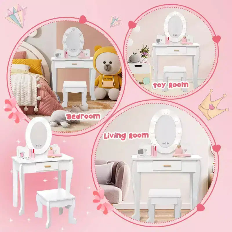 Toeletta per Bambine con Specchio e Sgabello, Toeletta per Ragazze con Luce Touch e Set da Trucco in Legno, Tavolino da Principessa per Bambini Piccoli