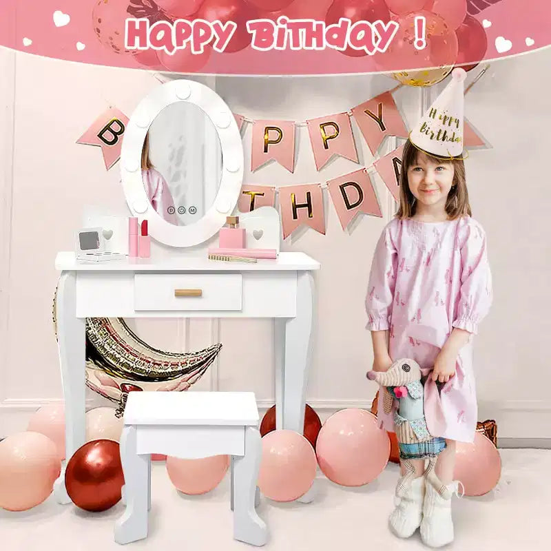 Toeletta per Bambine con Specchio e Sgabello, Toeletta per Ragazze con Luce Touch e Set da Trucco in Legno, Tavolino da Principessa per Bambini Piccoli
