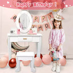 Toeletta per Bambine con Specchio e Sgabello, Toeletta per Ragazze con Luce Touch e Set da Trucco in Legno, Tavolino da Principessa per Bambini Piccoli