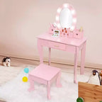 Toeletta per Bambine con Specchio e Sgabello, Toeletta per Ragazze con Luce Touch e Set da Trucco in Legno, Tavolino da Principessa per Bambini Piccoli