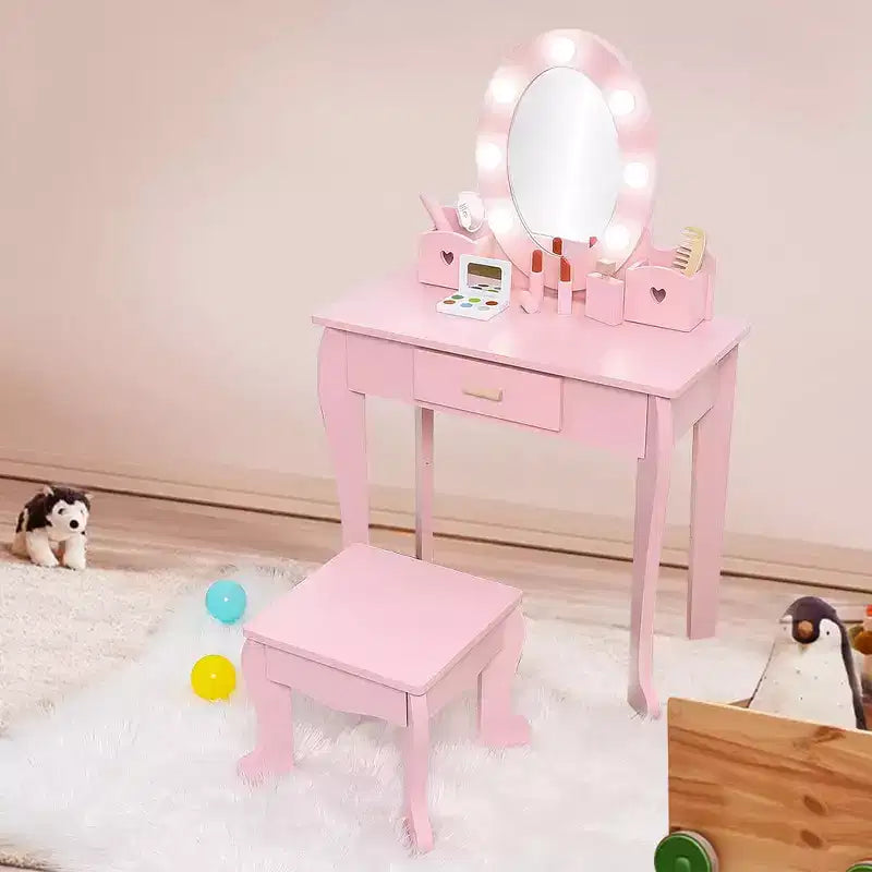 Toeletta per Bambine con Specchio e Sgabello, Toeletta per Ragazze con Luce Touch e Set da Trucco in Legno, Tavolino da Principessa per Bambini Piccoli