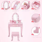 Toeletta per Bambine con Specchio e Sgabello, Toeletta per Ragazze con Luce Touch e Set da Trucco in Legno, Tavolino da Principessa per Bambini Piccoli