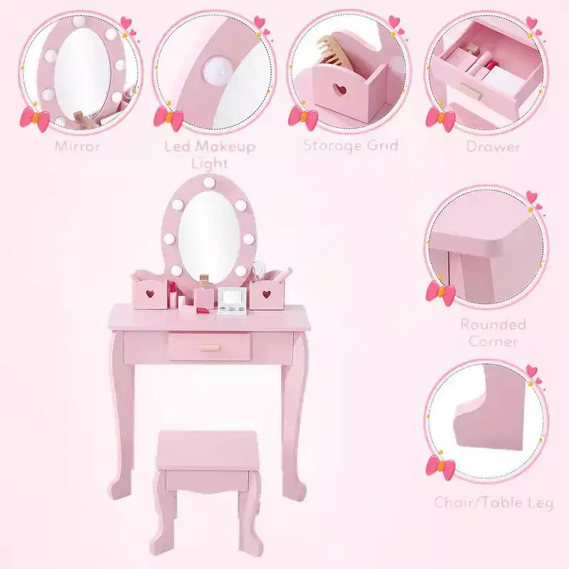 Toeletta per Bambine con Specchio e Sgabello, Toeletta per Ragazze con Luce Touch e Set da Trucco in Legno, Tavolino da Principessa per Bambini Piccoli
