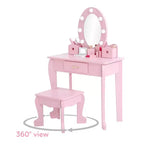 Toeletta per Bambine con Specchio e Sgabello, Toeletta per Ragazze con Luce Touch e Set da Trucco in Legno, Tavolino da Principessa per Bambini Piccoli