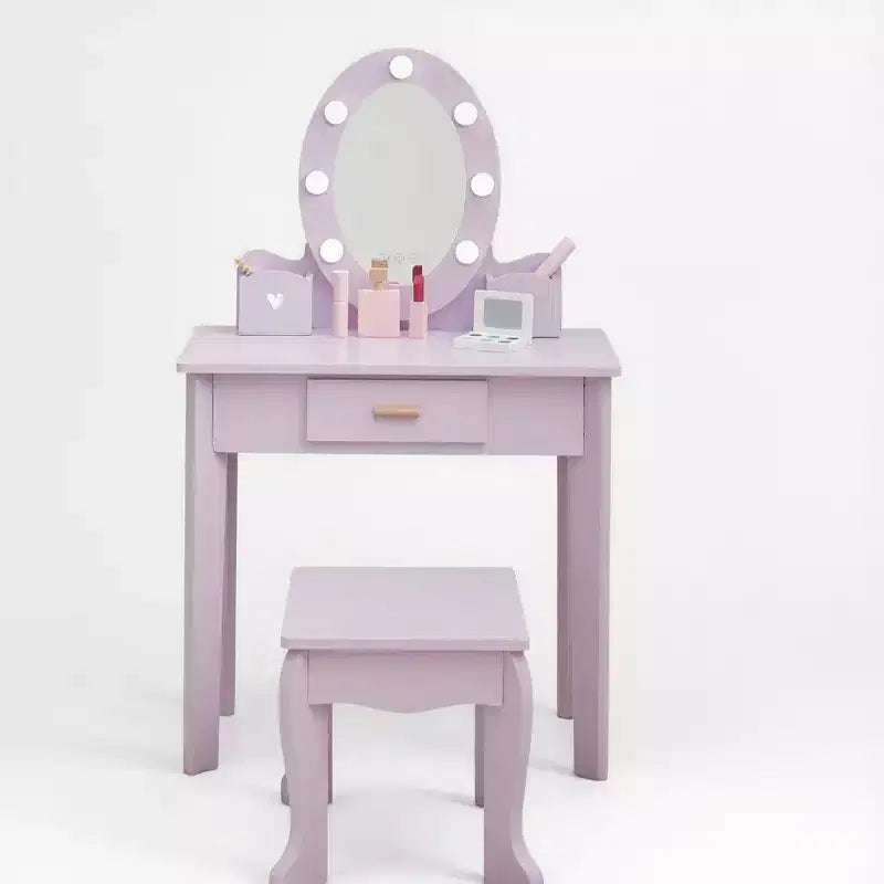 Toeletta per Bambine con Specchio e Sgabello, Toeletta per Ragazze con Luce Touch e Set da Trucco in Legno, Tavolino da Principessa per Bambini Piccoli