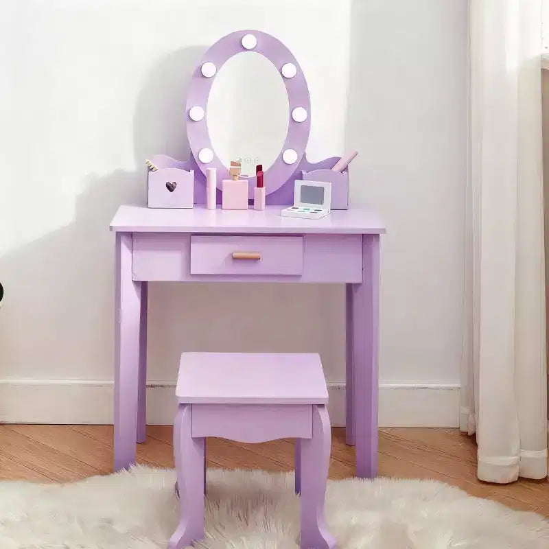 Toeletta per Bambine con Specchio e Sgabello, Toeletta per Ragazze con Luce Touch e Set da Trucco in Legno, Tavolino da Principessa per Bambini Piccoli