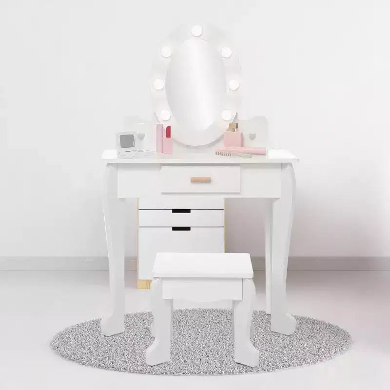 Toeletta per Bambine con Specchio e Sgabello, Toeletta per Ragazze con Luce Touch e Set da Trucco in Legno, Tavolino da Principessa per Bambini Piccoli