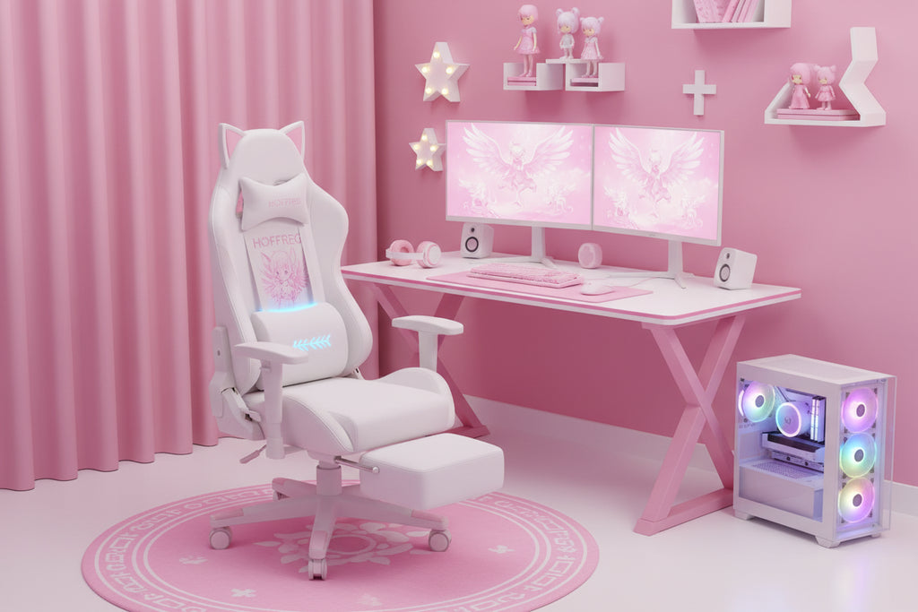 Sedia da Gaming Rosa Carina Sedia Ergonomica da Scrivania per Ragazze con Poggiapiedi e Supporto Lombare Massaggiante