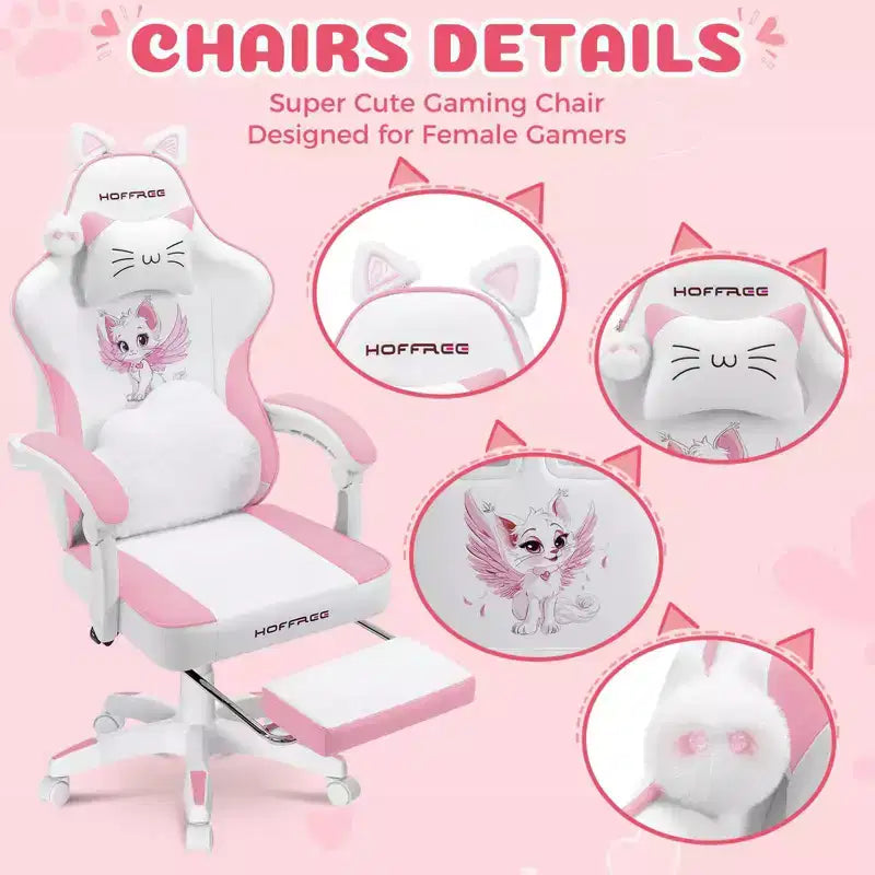 Sedia da Gaming Rosa Carina Sedia Ergonomica da Scrivania per Ragazze con Poggiapiedi e Supporto Lombare Massaggiante