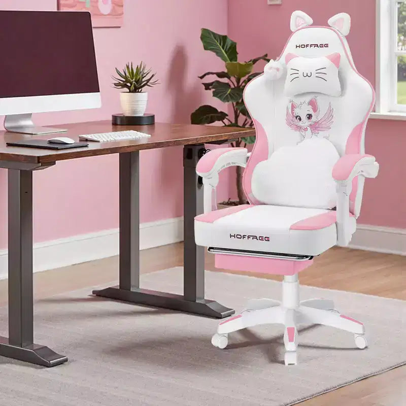 Sedia da Gaming Rosa Carina Sedia Ergonomica da Scrivania per Ragazze con Poggiapiedi e Supporto Lombare Massaggiante