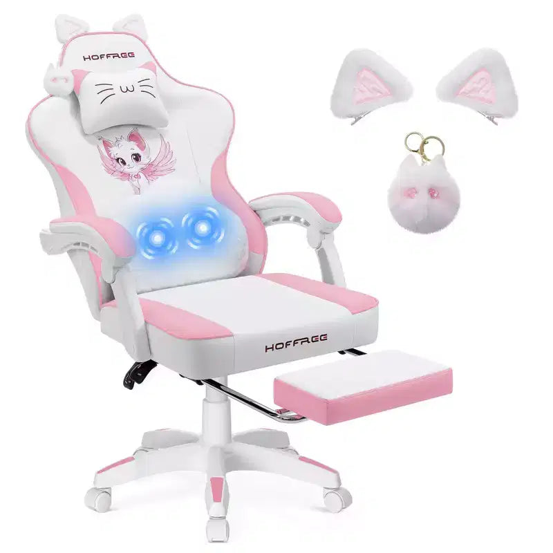 Hoffree Cute Pink Gaming Chair Girls Ergonomic Desk Chair with Footrest & Massage Lumbar