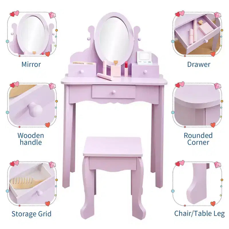 Toeletta per bambini con specchio, tavolo da trucco e sgabello, scrivania e sedia con playset trucco in legno per bambine dai 4 ai 9 anni