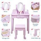 Toeletta per bambini con specchio, tavolo da trucco e sgabello, scrivania e sedia con playset trucco in legno per bambine dai 4 ai 9 anni