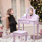 Toeletta per bambini con specchio, tavolo da trucco e sgabello, scrivania e sedia con playset trucco in legno per bambine dai 4 ai 9 anni