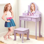 Toeletta per bambini con specchio, tavolo da trucco e sgabello, scrivania e sedia con playset trucco in legno per bambine dai 4 ai 9 anni
