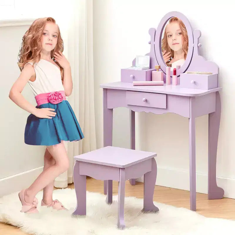 Toeletta per bambini con specchio, tavolo da trucco e sgabello, scrivania e sedia con playset trucco in legno per bambine dai 4 ai 9 anni