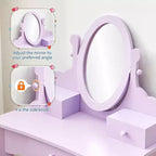 Toeletta per bambini con specchio, tavolo da trucco e sgabello, scrivania e sedia con playset trucco in legno per bambine dai 4 ai 9 anni