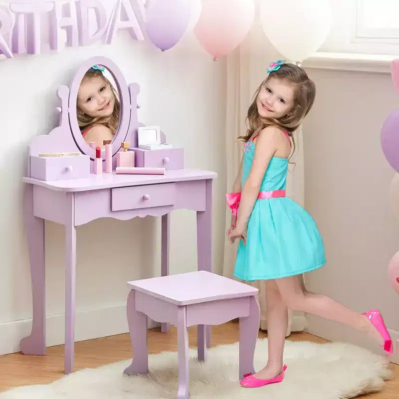 Toeletta per bambini con specchio, tavolo da trucco e sgabello, scrivania e sedia con playset trucco in legno per bambine dai 4 ai 9 anni