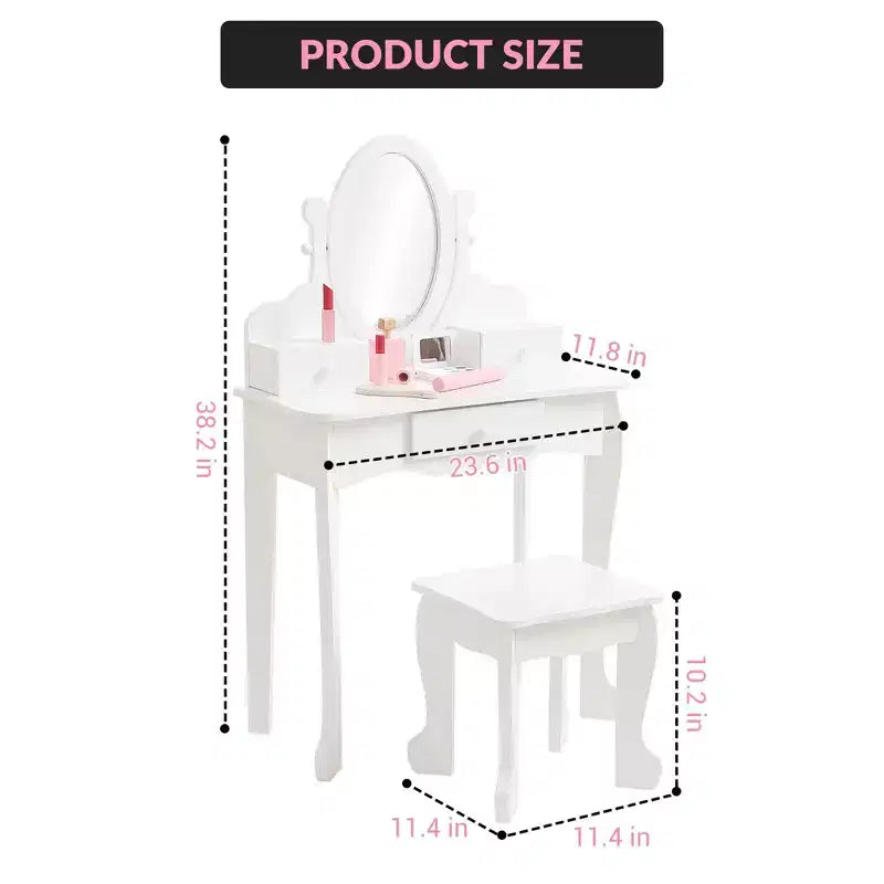 Toeletta per bambini con specchio, tavolo da trucco e sgabello, scrivania e sedia con playset trucco in legno per bambine dai 4 ai 9 anni