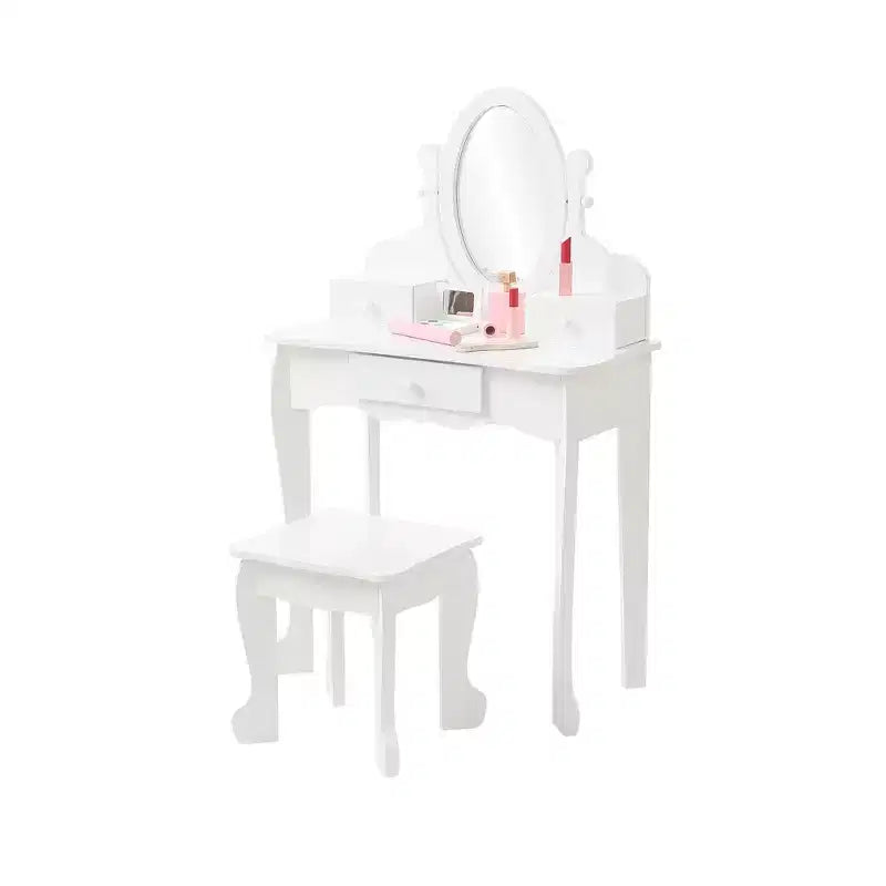 Toeletta per bambini con specchio, tavolo da trucco e sgabello, scrivania e sedia con playset trucco in legno per bambine dai 4 ai 9 anni