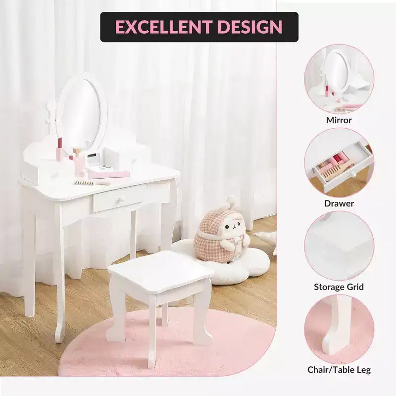 Toeletta per bambini con specchio, tavolo da trucco e sgabello, scrivania e sedia con playset trucco in legno per bambine dai 4 ai 9 anni