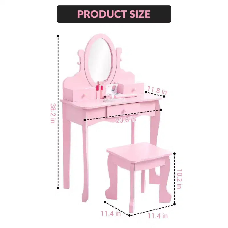 Toeletta per bambini con specchio, tavolo da trucco e sgabello, scrivania e sedia con playset trucco in legno per bambine dai 4 ai 9 anni