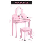 Toeletta per bambini con specchio, tavolo da trucco e sgabello, scrivania e sedia con playset trucco in legno per bambine dai 4 ai 9 anni
