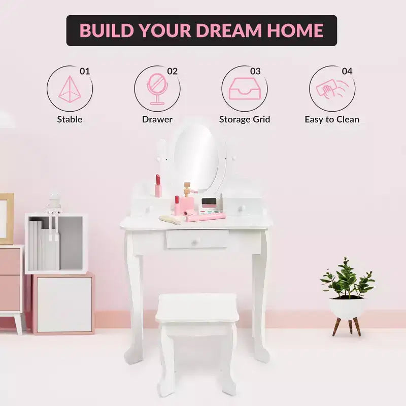 Toeletta per bambini con specchio, tavolo da trucco e sgabello, scrivania e sedia con playset trucco in legno per bambine dai 4 ai 9 anni