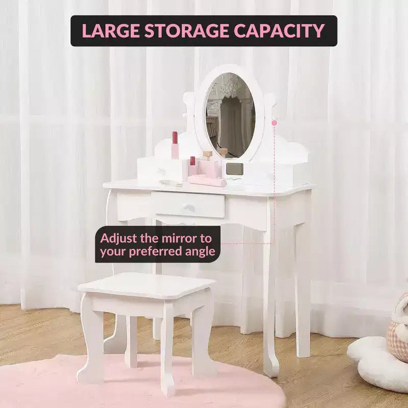 Toeletta per bambini con specchio, tavolo da trucco e sgabello, scrivania e sedia con playset trucco in legno per bambine dai 4 ai 9 anni