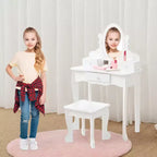 Toeletta per bambini con specchio, tavolo da trucco e sgabello, scrivania e sedia con playset trucco in legno per bambine dai 4 ai 9 anni
