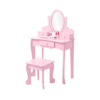 Toeletta per bambini con specchio, tavolo da trucco e sgabello, scrivania e sedia con playset trucco in legno per bambine dai 4 ai 9 anni