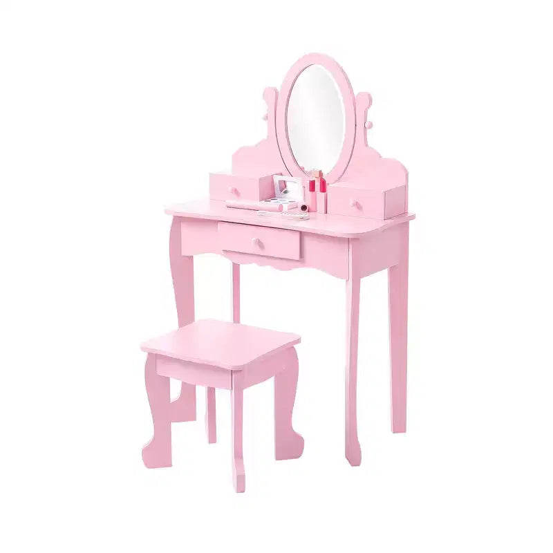 Toeletta per bambini con specchio, tavolo da trucco e sgabello, scrivania e sedia con playset trucco in legno per bambine dai 4 ai 9 anni