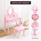Toeletta per bambini con specchio, tavolo da trucco e sgabello, scrivania e sedia con playset trucco in legno per bambine dai 4 ai 9 anni