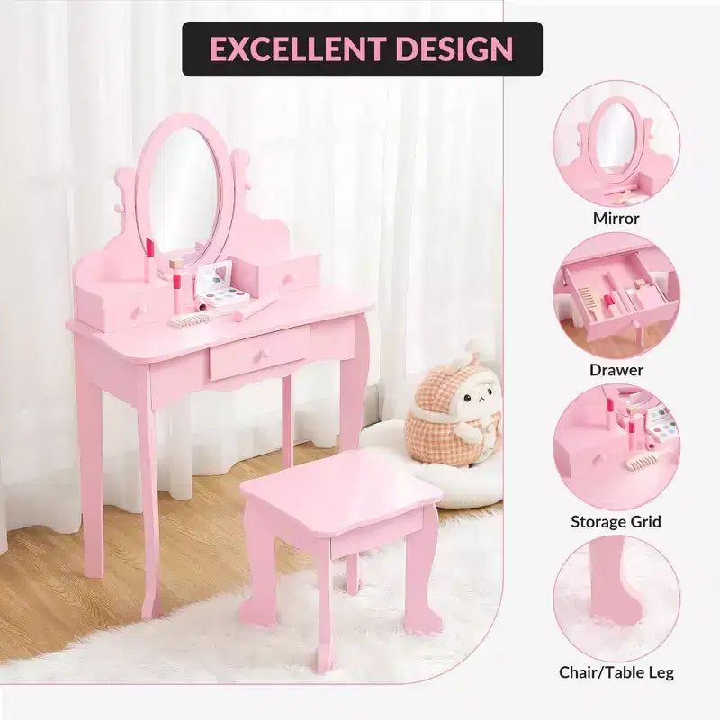 Toeletta per bambini con specchio, tavolo da trucco e sgabello, scrivania e sedia con playset trucco in legno per bambine dai 4 ai 9 anni
