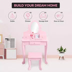 Toeletta per bambini con specchio, tavolo da trucco e sgabello, scrivania e sedia con playset trucco in legno per bambine dai 4 ai 9 anni