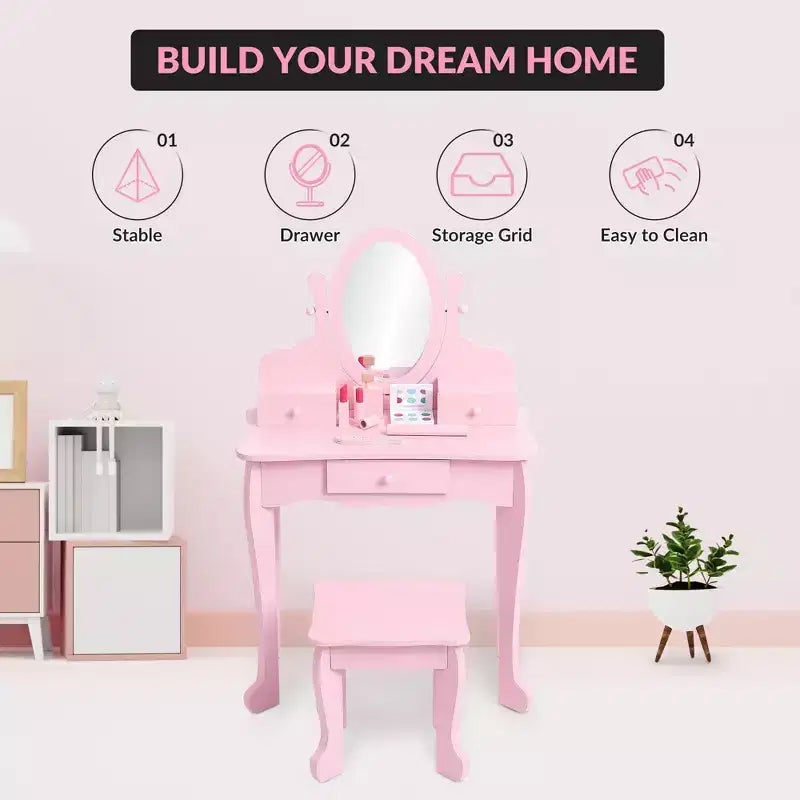 Toeletta per bambini con specchio, tavolo da trucco e sgabello, scrivania e sedia con playset trucco in legno per bambine dai 4 ai 9 anni
