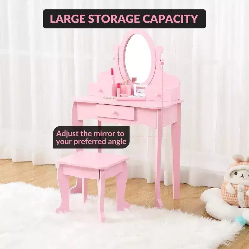 Toeletta per bambini con specchio, tavolo da trucco e sgabello, scrivania e sedia con playset trucco in legno per bambine dai 4 ai 9 anni