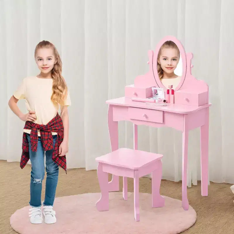 Toeletta per bambini con specchio, tavolo da trucco e sgabello, scrivania e sedia con playset trucco in legno per bambine dai 4 ai 9 anni