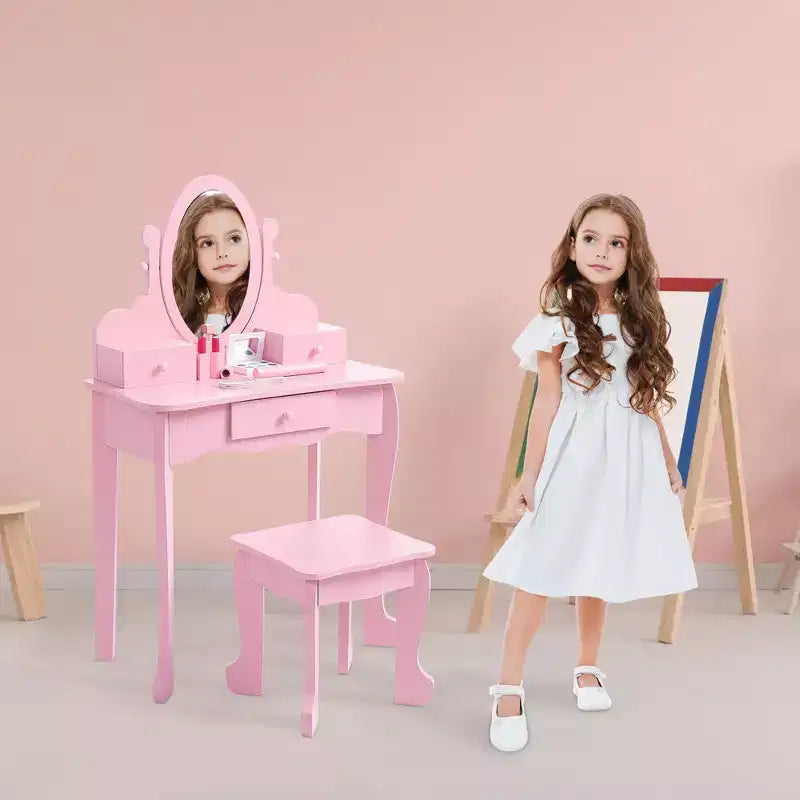 Toeletta per bambini con specchio, tavolo da trucco e sgabello, scrivania e sedia con playset trucco in legno per bambine dai 4 ai 9 anni