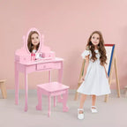Toeletta per bambini con specchio, tavolo da trucco e sgabello, scrivania e sedia con playset trucco in legno per bambine dai 4 ai 9 anni