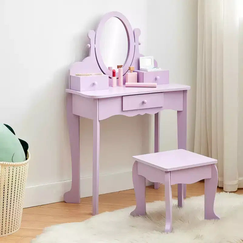 Toeletta per bambini con specchio, tavolo da trucco e sgabello, scrivania e sedia con playset trucco in legno per bambine dai 4 ai 9 anni