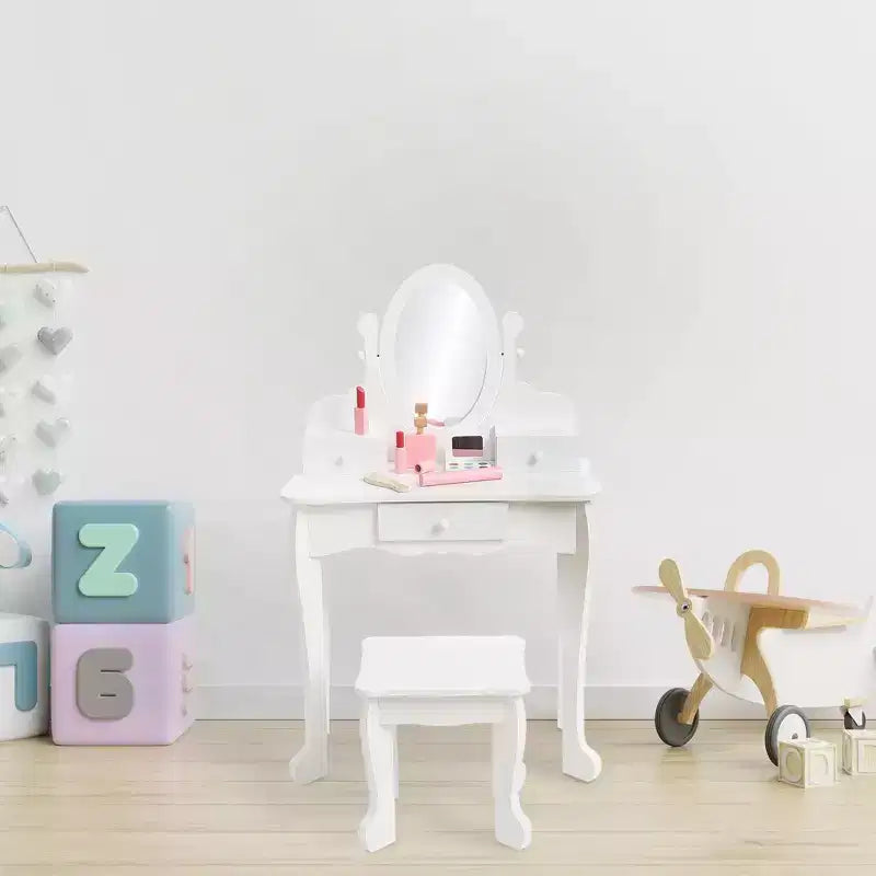 Toeletta per bambini con specchio, tavolo da trucco e sgabello, scrivania e sedia con playset trucco in legno per bambine dai 4 ai 9 anni
