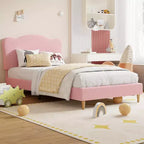 Upholstered Twin Size Bed Frame for Kids with Scallop Headboard, Cute Velvet Twin Bed for Girls, Boys, Sturdy Platform Bed, Pink
