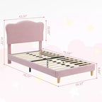 Struttura Letto Singolo Imbottita per Bambini con Testiera a Scollature, Grazioso Letto Singolo in Velluto per Bambine e Bambini, Robusto Letto a Piattaforma, Rosa